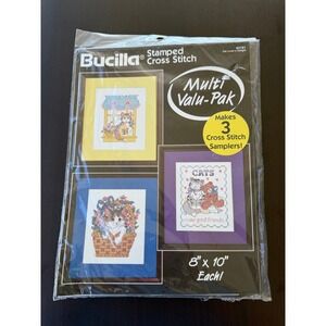 Bucilla Stamped Cross Stitch Kit 8x10 Multi New 3 Cat Samplers 64181 1994